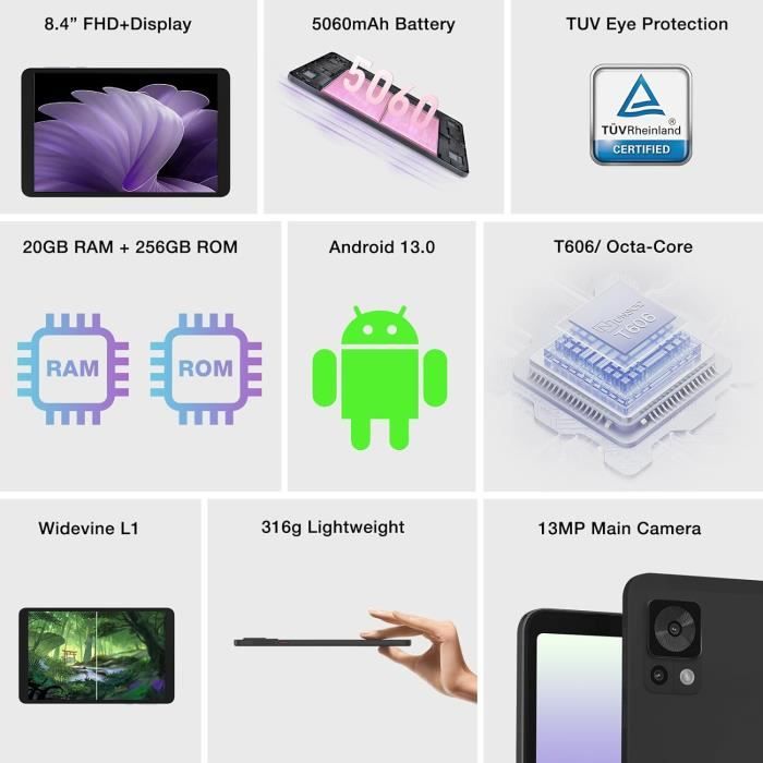 T20 Mini Pro Tablette Android, 20Gb Ram+256Gb Rom-Tf 1Tb, 2.3K Tablette 8.4  Pouces, Octa Core, 5060Mah Batterie, 13Mp Caméra,[J1381] - Cdiscount  Informatique