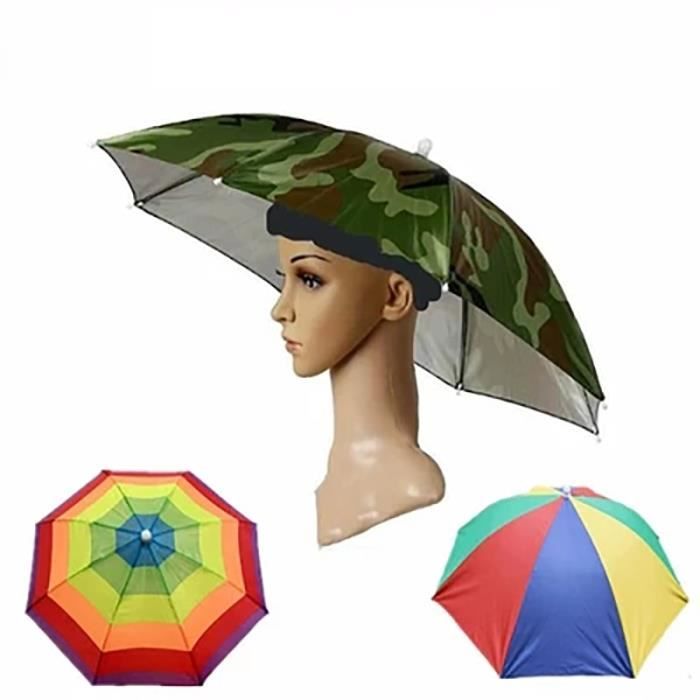Chapeau parapluie avec sangle de tête, drôle arc-en-ciel coloré camouflage étanche parasol de pêche parapluie de plage taille réglable | FR