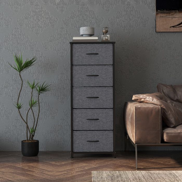 HOMCOM Commode 5 Tiroirs Tissu Pliant Beige - Meuble Rangement Acier MDF 45x30x116 Cm