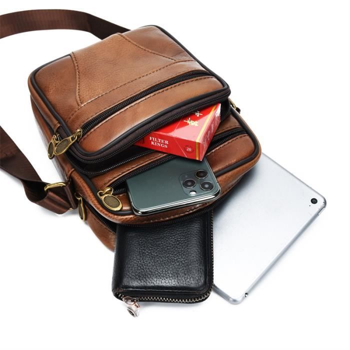 Sacoche Bandoulière En Cuir Véritable Pour Homme - Dimensions 25x20x12 Cm, Noir, Réglable, Neuve Avec étiquettes