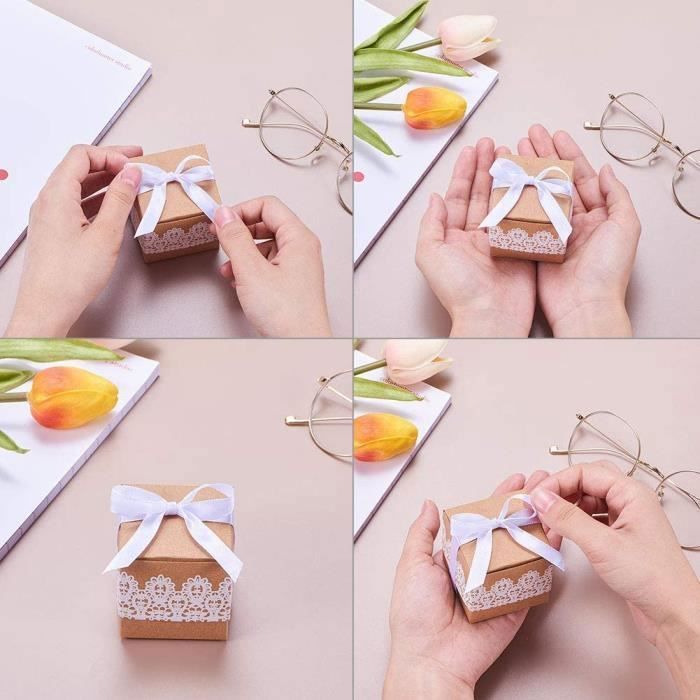 40 Boîtes Cadeau Kraft 5x5x5cm - Boîtes à Dragées Mariage Avec Dentelle Et Ruban