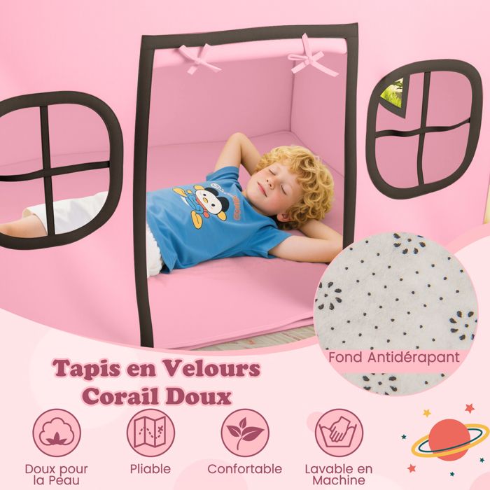 COSTWAY Tente De Jeux Princesse Avec Étoiles Lumineuses – 4 Fenêtres, Tapis Doux, Cabanon Enfant 3-10 Ans