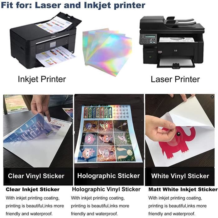 Papier autocollant imprimable en vinyle - 20 feuilles de papier imperméable  mat de qualité supérieure pour imprimante à jet d'encre - Sèche rapidement  et retient parfaitement l'encre 