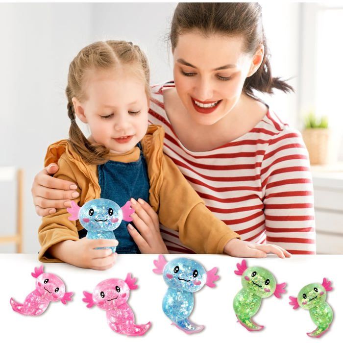 Lot De 3 Jouets Anti-stress Axolotl Scintillants – Presser, Malaxer, Relaxer – Vert, Bleu, Rose – 10 Cm