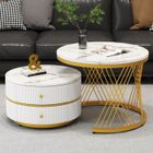 BLUELINE Table basse salon Lot de 2,Rangement de 2 tiroirs,Tables basses gigognes rond 60x60x46+ 50x50x31cm Doré blanc