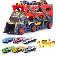 Camion de Transport Voiture Enfant avec Petite Voiture, Panneaux Route, Cadeau Camion Jouet pour 3 4 5 Ans Garcon