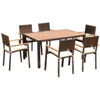 Outsunny Ensemble de table et 6 chaises de jardin en résine tressée avec coussins d'assise et plateau table en bois d'acacia marron