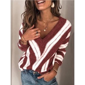 PULL Pull Femme,Pull col V à Manches longues Femmes,Pull Rayé Fashion Décontractée Femmes-Rouge