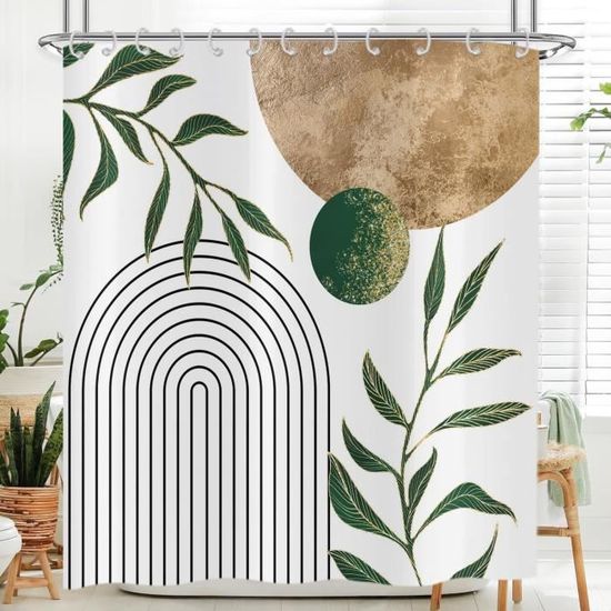Hnmdmyi Rideau De Douche Abstrait Boho Feuilles 180x200, Marron Mid Century Tropical Feuille Plante Rideau De Baignoire Moderne Minimaliste Géométrique Imperméable Polyester Tissu Rideau De Bain