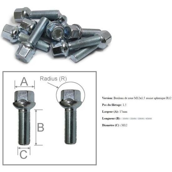C CARBONADO Lot De 20 Boulons De Roue M15x1,25 45mm SW17 Vis