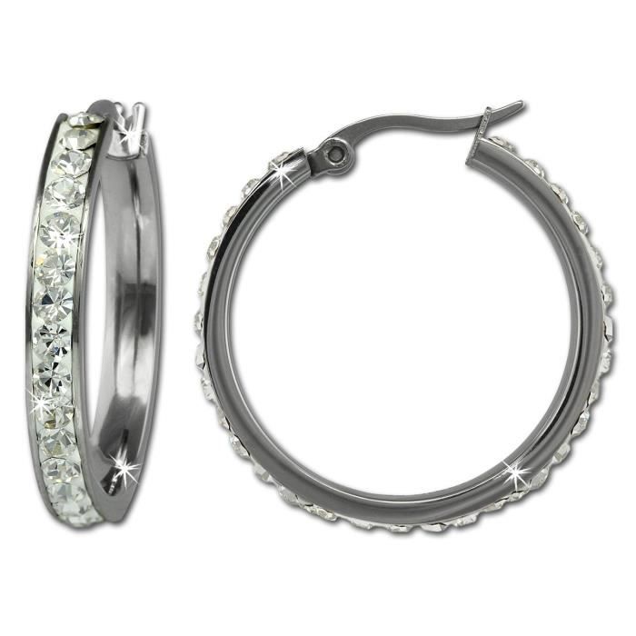 Amello boucles d'oreilles créoles en acier inoxydable avec Cristaux Swarovski Elements ronds Blanc Diamètre 30 mm-Boucles d'Oreil