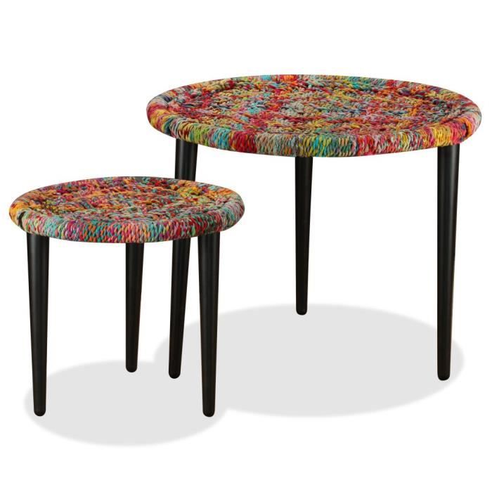 Lot Table basse 2 pcs Détails tissés chindi Multicolore