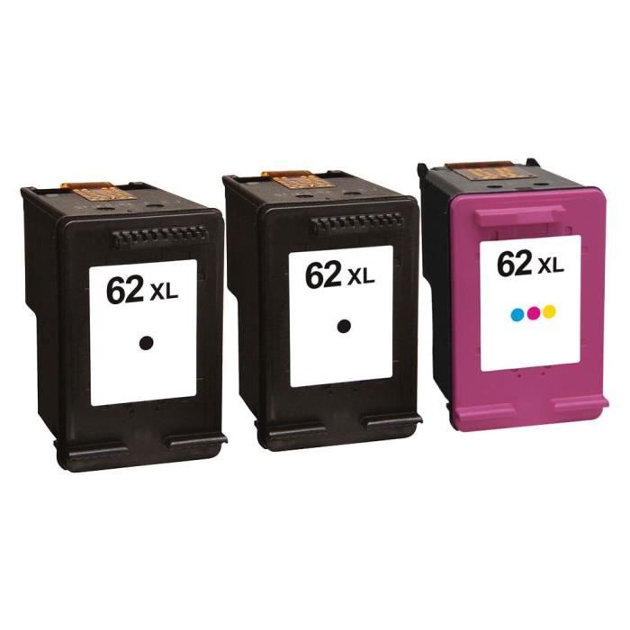 Packs 3 cartouches pour HP 62XL 2 x Noire et 1 x Couleur Compatible Envy 5644