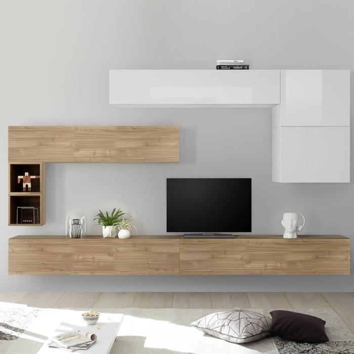 Ensemble meuble TV bois et blanc PIANA Marron L 275 x P 30 x H 200 cm