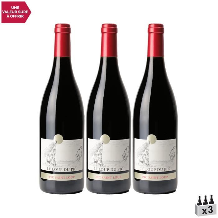 Château Puech Haut Pic Saint-Loup Le loup du Pic Rouge 2019 - Lot de 3x75cl - Vin AOC Rouge du Languedoc - Roussillon
