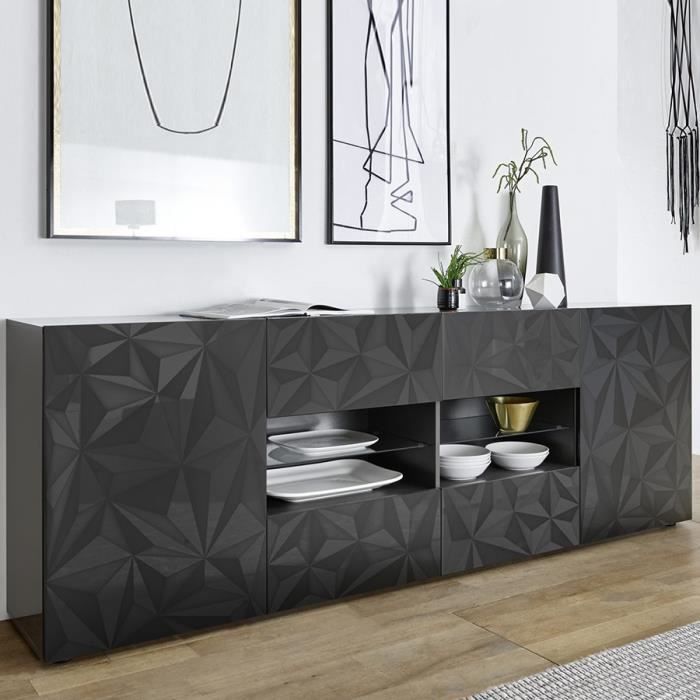 Enfilade gris laqué design 2 portes 4 tiroirs NINO 2 L 241 x P 42 x H 84 cm Gris