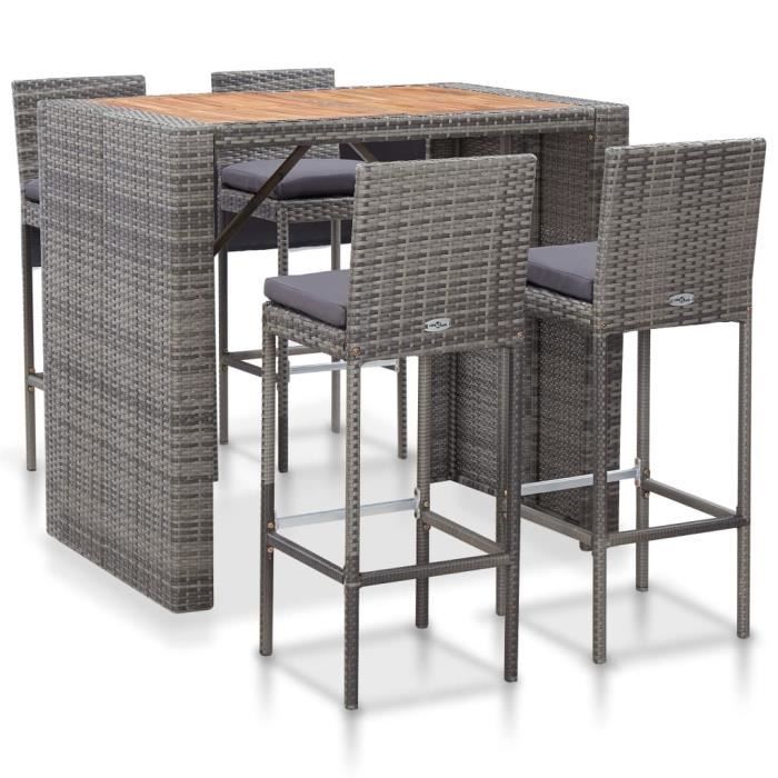Ensemble Table de bar + 4 tabourets bar Mange-Debout Table Haute - Résine tressée et bois d'acacia Gris