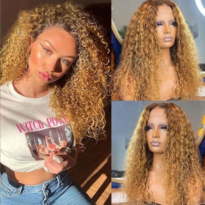 Perruque Lace Front Wig brésilienne Remy bouclée cheveux naturels, blond miel ombré 16 pouces