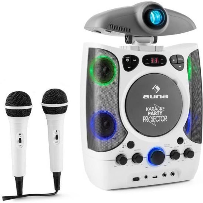 auna KaraProjectura - Chaîne karaoké avec projecteur et un lecteur CD, CD-G - 2 micros inclus, port USB, MP3, Lumières LED - blanc