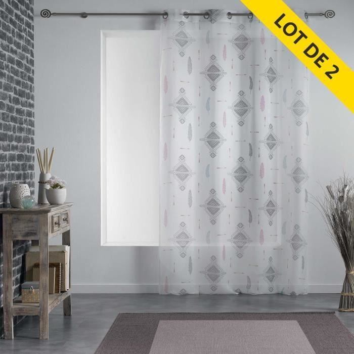 Lot de 2 voilages à oeillets 140x240 voile imprimé transfert été indien Blanc