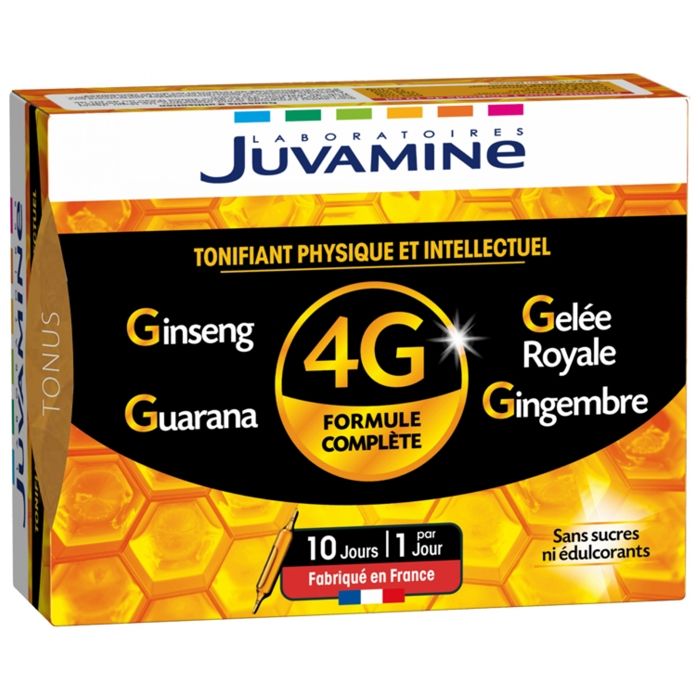 Juvamine 4G Formule Complète Ginseng Gelée Royale Guarana Gingembre 10 ampoules