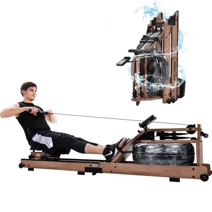 Rameur à Eau Pliable pour Entraînement Cardio, Ecran LCD + Bluetooth + APP, Glissières en Bois 110 cm, Charge 180kg