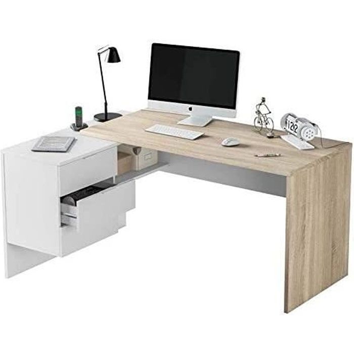 Bureau Angle avec Caisson 3 tiroirs Couleur Bois et Blanc. Sens modulable