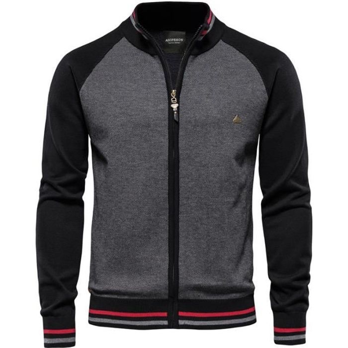 Cardigan Homme,Manches Longues Pull Col Montant tricoté,Cardigan Chaud Automne Hiver-Noir