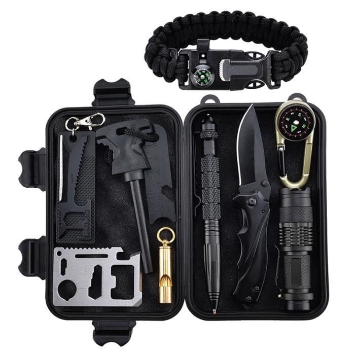 Trousse de survie 10 en 1, Outil de survie en plein air avec bracelet de survie, couteau pliant, boussole, couverture d'urgence,