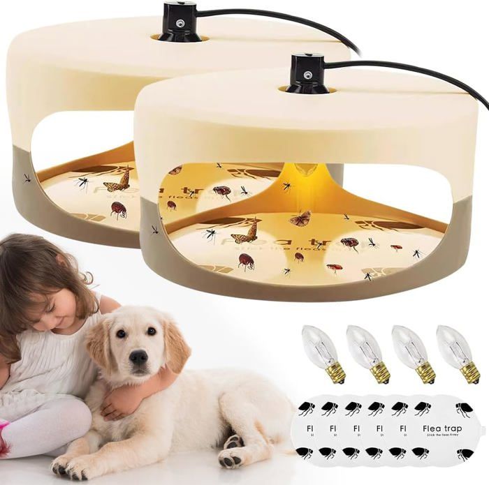 Lot De 2 Pièges à Puces Intérieur – Ampoule Intégrée, 4 Plaques Adhésives, Sans Produit Toxique Ni Odeur