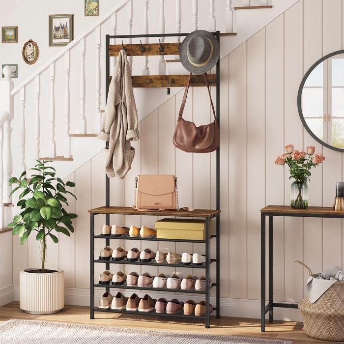 Porte-Manteau - HOOBRO - Meuble Entrée - Étagère à Chaussures 5 Niveaux - Marron Rustique - Style Vintage