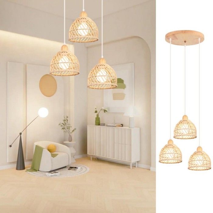 WOTTES 3 têtes Suspension Luminaire Moderne Créatif Disque Lustre en Bois et Bambou de Design à Spirale Vintage Suspension Rotin