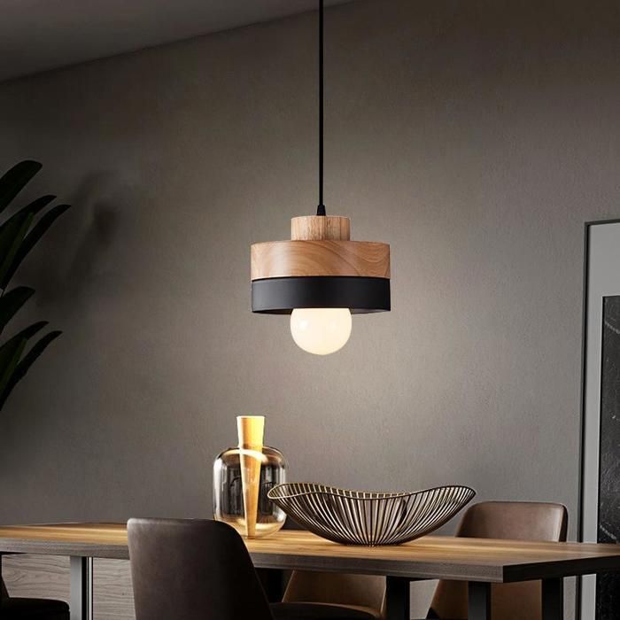 WOTTES Suspension en Bois et Métal - Noir 1pcs - Ø18*10cm - E27 - Design rétro Rond - Éclairage intérieur Lustre Cuisine Salon