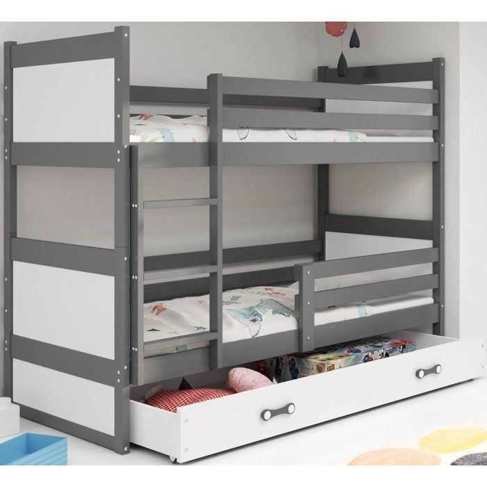 Lit superposé RICO Enfant 90x200 Bois Massif Pin Barrière de sécurité Sommier Tiroir Séparable en 2 lit (Gris+Blanc)