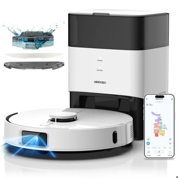 Aspirateur Robot Laveur AIRROBO L60 + 6000Pa / 240min Détection dobstacles par laser linéaire Cartographie Multi-niveaux - Airrobo