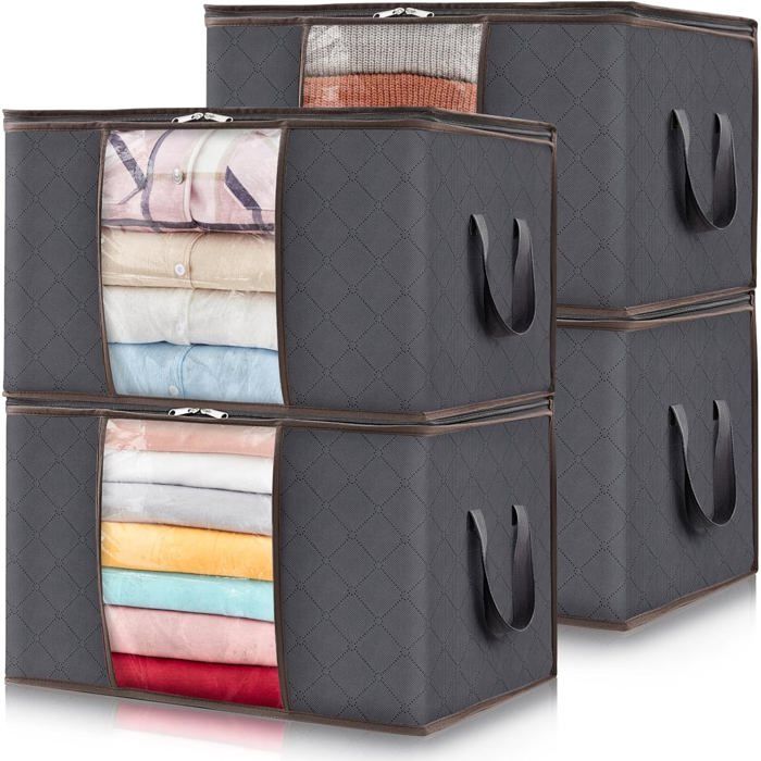 Lot de 4 Sac de Rangement Vetement 90L Cartons Déménagement pliable Housse Rangement Couette pour Couvertures Jouets Vêtements Gris