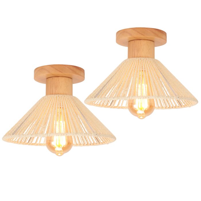 iDEGU 2x Retro Plafonnier 26cm Lustre Vintage en Rotin Metal Lampe de Plafond Industiel Style Retro Luminaire Design Chapeau Blanc