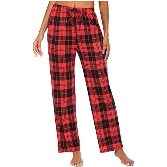 Pantalon Pyjama décontracté confortable à carreaux pour femmes - Rouge - Jambes larges - Yoga longs Rouge