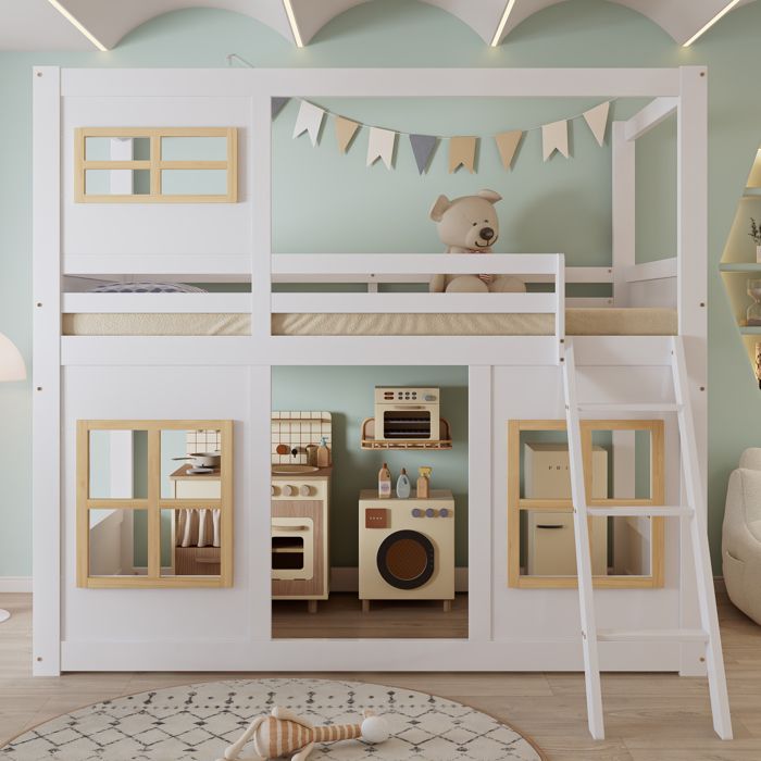 Lit superposé 90x200cm lit mezzanine Enfant avec fenêtre escabeau en bois avec clôture à quatre côtés sans matelas blanc Lit superposé 90x200cm lit mezzanine Enfant avec fenêtre escabeau en bois avec clôture à quatre côtés sans matelas blanc