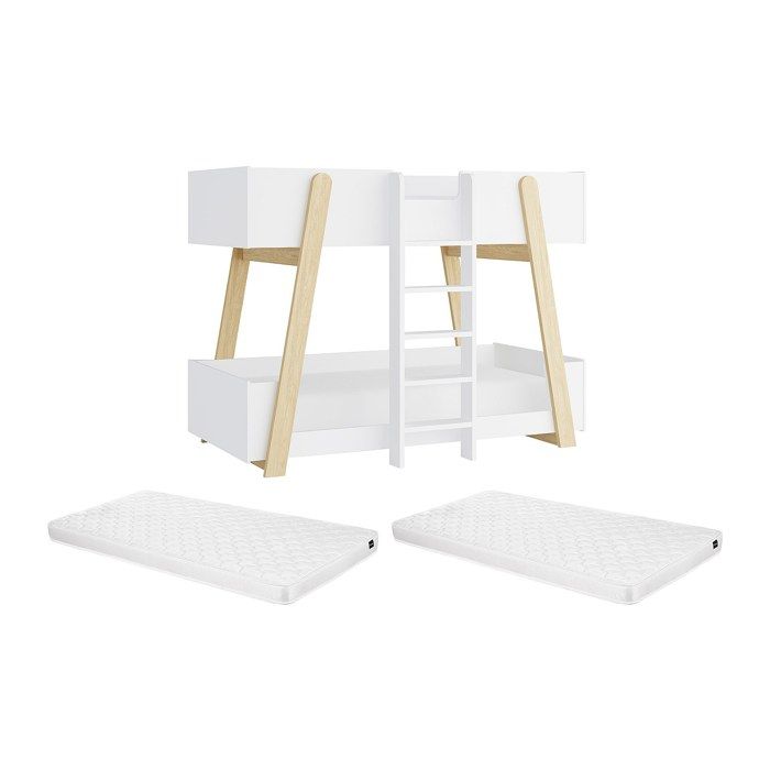 Lit superposés 90 x 190 cm - Blanc et naturel + Matelas - CORODELA