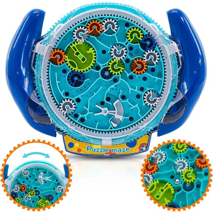 Labyrinthe 3D Puzzle En Bleu – Jeu De Gravité Avec 2 Billes Acier, 24 Engrenages, Porte Ciseaux, Développe Concentration, Cadeau Enfant 4-8 Ans