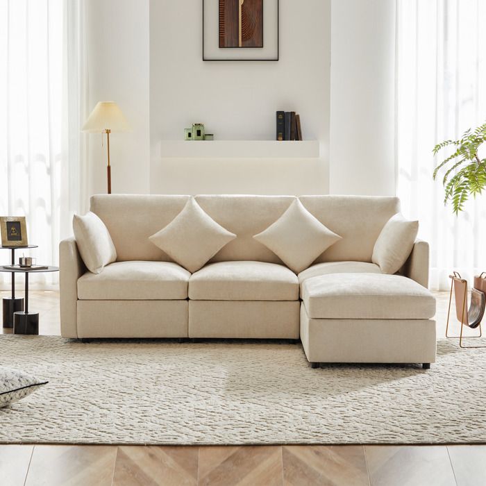 Canapé dAngle L-Form Multifonction en tissu de chenille4 placesAvec 2 Repose-pieds216×161×81 cmBeige