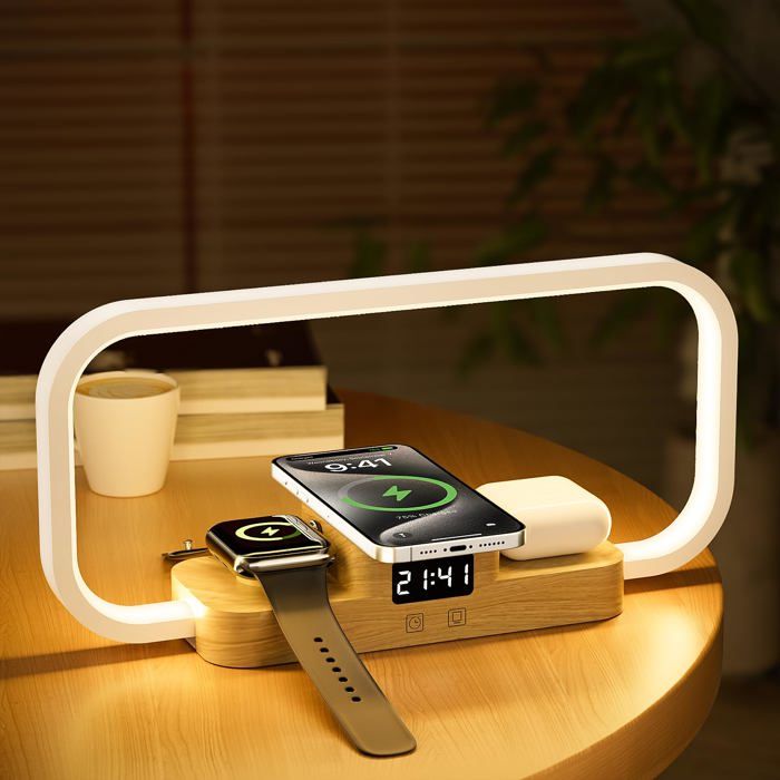 3-en-1 Lampe de Chevet avec Chargeur sans Fil & Port USB Lampe Table Dimmable 5 Couleurs à Commande Tactile (Blanc)