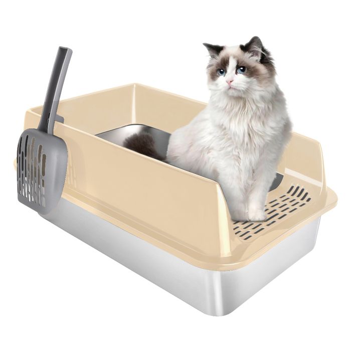 Bac à chat en acier inoxydable QUIIENCLEE 50*35*20cm pour le bureau et la maison couleur kaki
