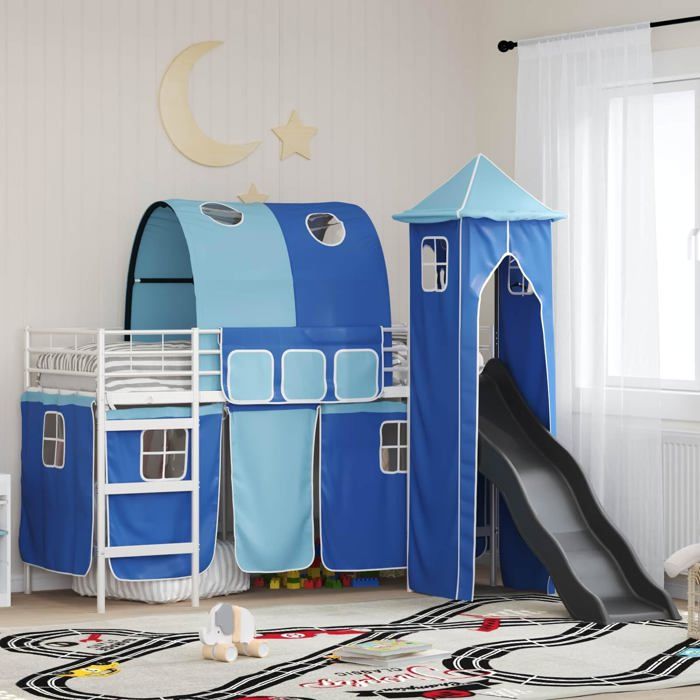 Lit mezzanine enfant - vidaXL - Blanc/Bleu - Métal robuste - 80x194x116 cm - Toboggan intégré - Tour de jeu