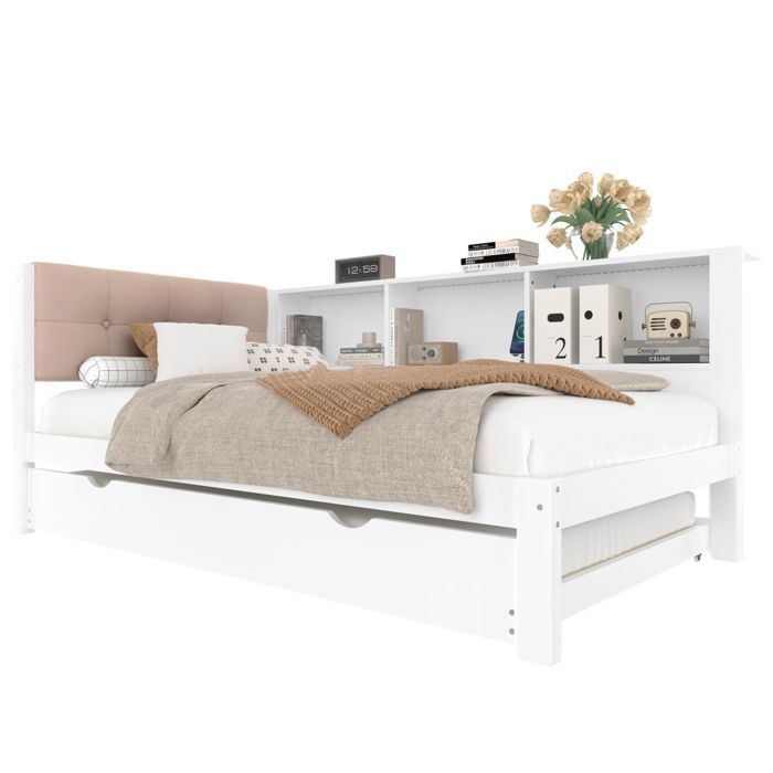 Canapé-Lit Gigogne Pin Blanc 90x200 - LED Dimmable USB et Étagère Pratique - sans Matelas Canapé-Lit Gigogne Pin Blanc 90x200 - LED Dimmable USB et Étagère Pratique - sans Matelas