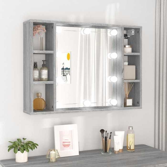 SALE 2026 Armoire dangle Gris - Armoire à miroir avec LED Sonoma gris 76x15x55cm PRO297648209