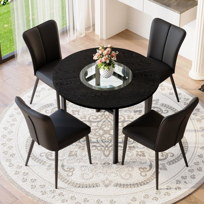 Ensemble de table ronde - 100 cm - Aspect bois noir - 4 fauteuils PU - Design contemporain