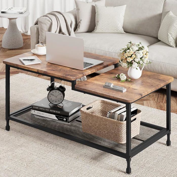 Table basse - LUNSY - Table de Salon à 2 niveaux avec pieds réglables -  étagère de rangement en maille - 100 x 50 x 48 cm - Marron