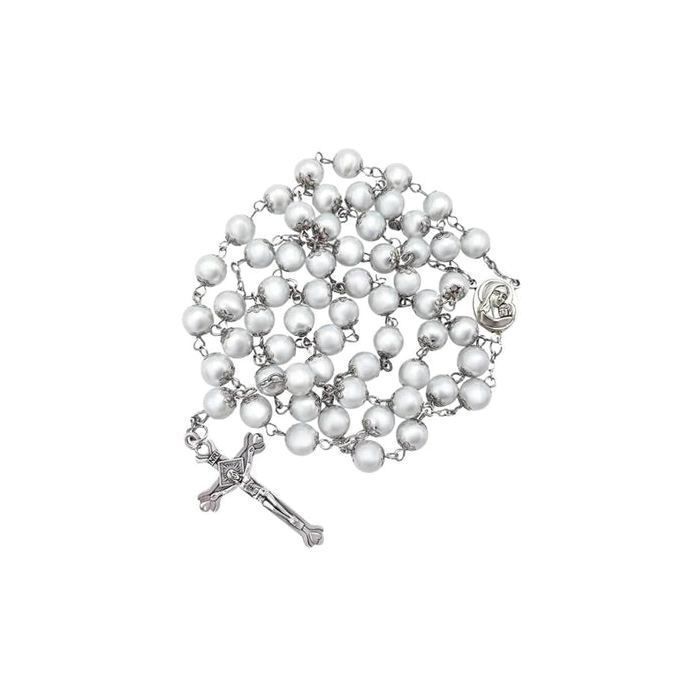 Nazareth Store Chapelet en Perles Imitation Perle Blanche Fait Main avec Médaille de Terre Sainte et Croix de Jésus